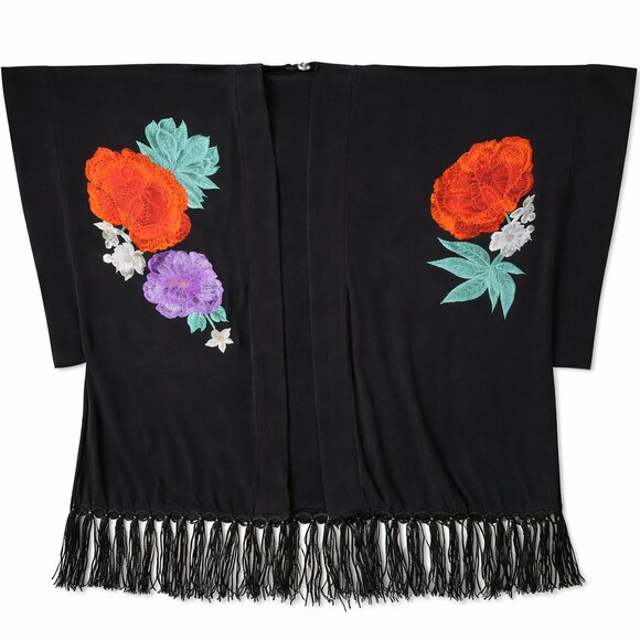 Disney Alice Wonderland Looking Glass Natori Black Floral Fringe Kimono L - Picture 3 of 15
